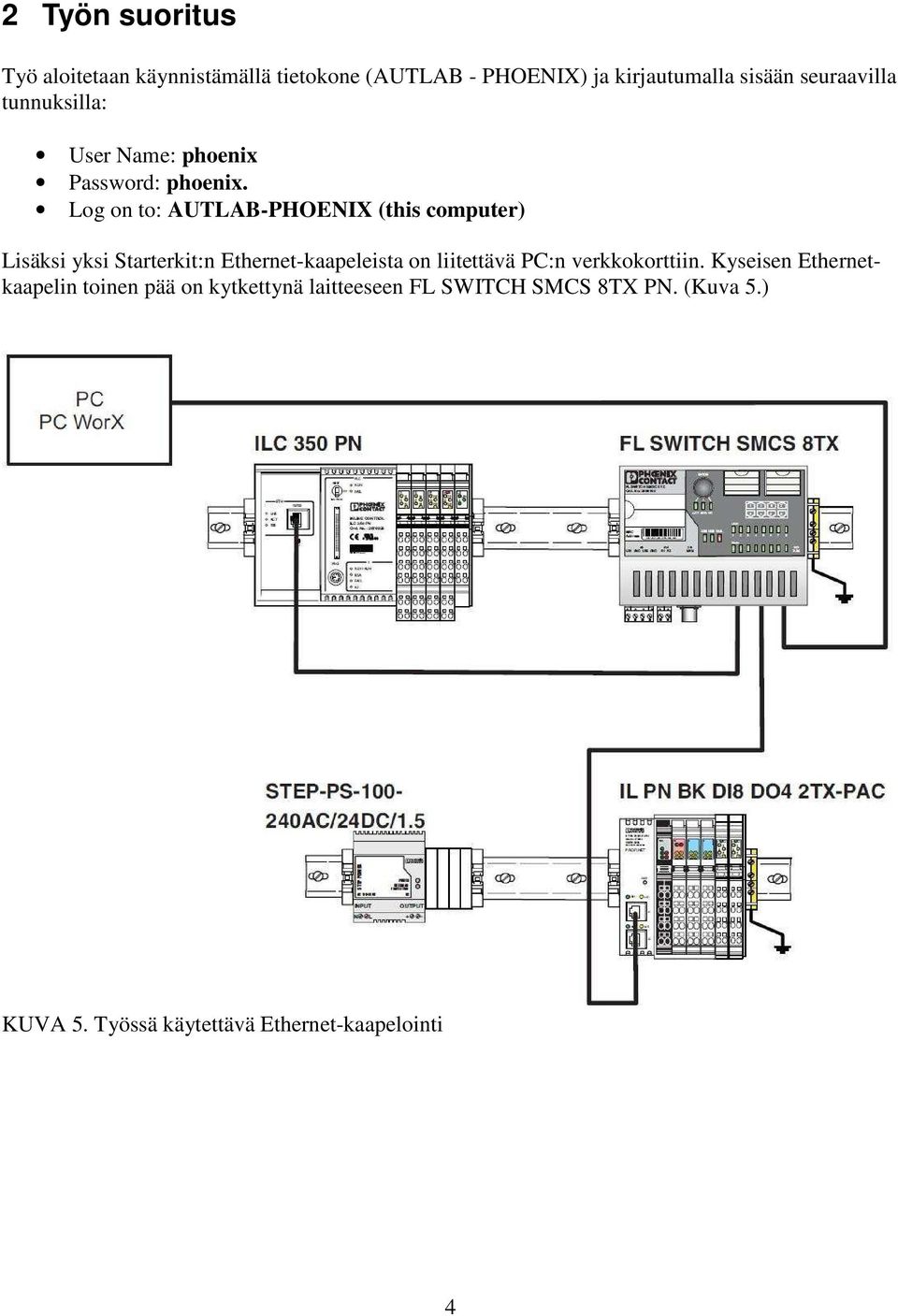 Log on to: AUTLAB-PHOENIX (this computer) Lisäksi yksi Starterkit:n Ethernet-kaapeleista on liitettävä PC:n