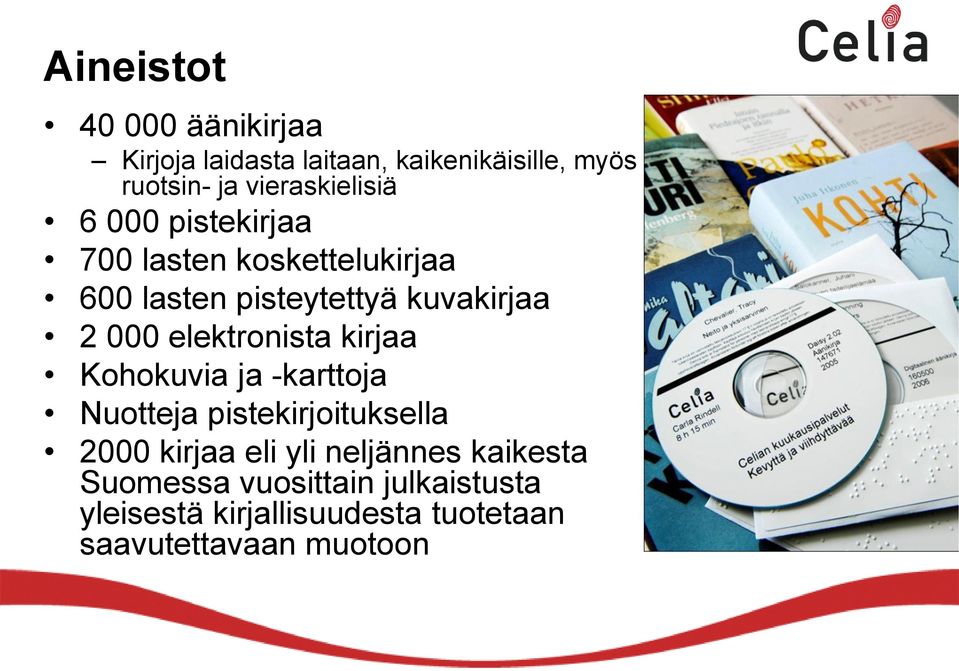 000 elektronista kirjaa Kohokuvia ja -karttoja Nuotteja pistekirjoituksella 2000 kirjaa eli yli