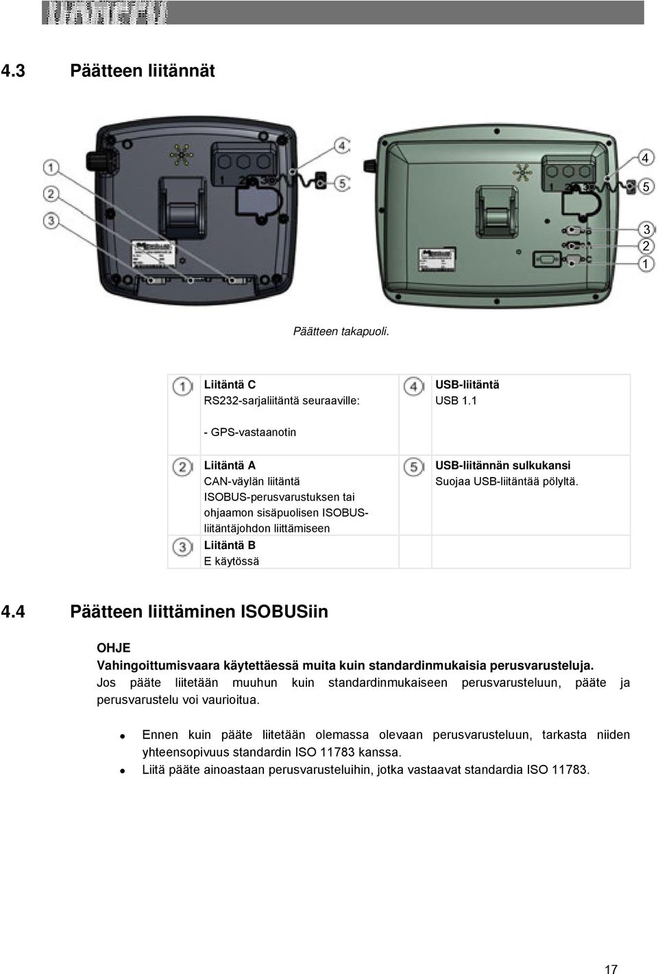 USB-liitäntää pölyltä. 4.4 Päätteen liittäminen ISOBUSiin OHJE Vahingoittumisvaara käytettäessä muita kuin standardinmukaisia perusvarusteluja.