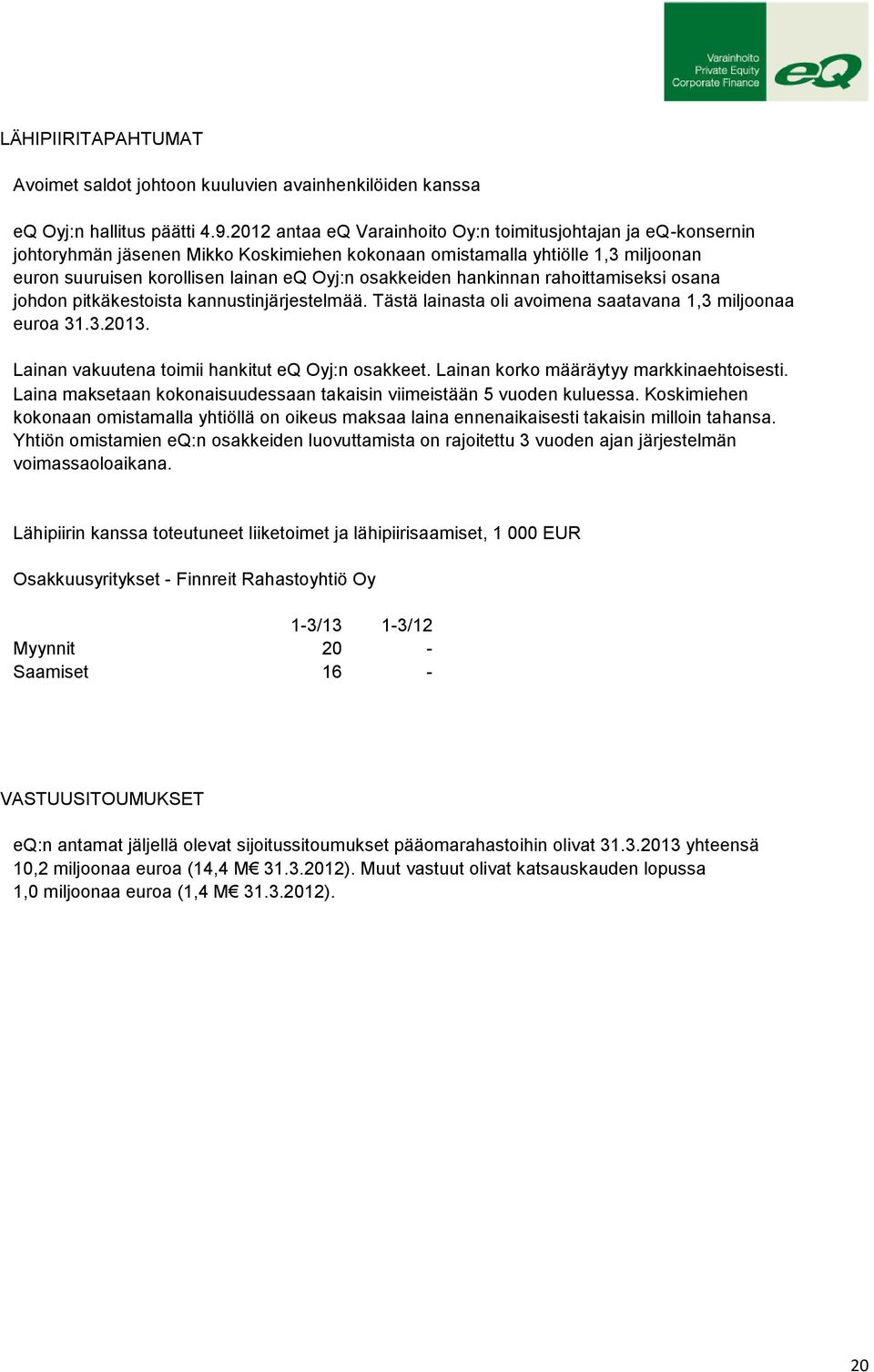 hankinnan rahoittamiseksi osana johdon pitkäkestoista kannustinjärjestelmää. Tästä lainasta oli avoimena saatavana 1,3 miljoonaa euroa 31.3.2013. Lainan vakuutena toimii hankitut eq Oyj:n osakkeet.