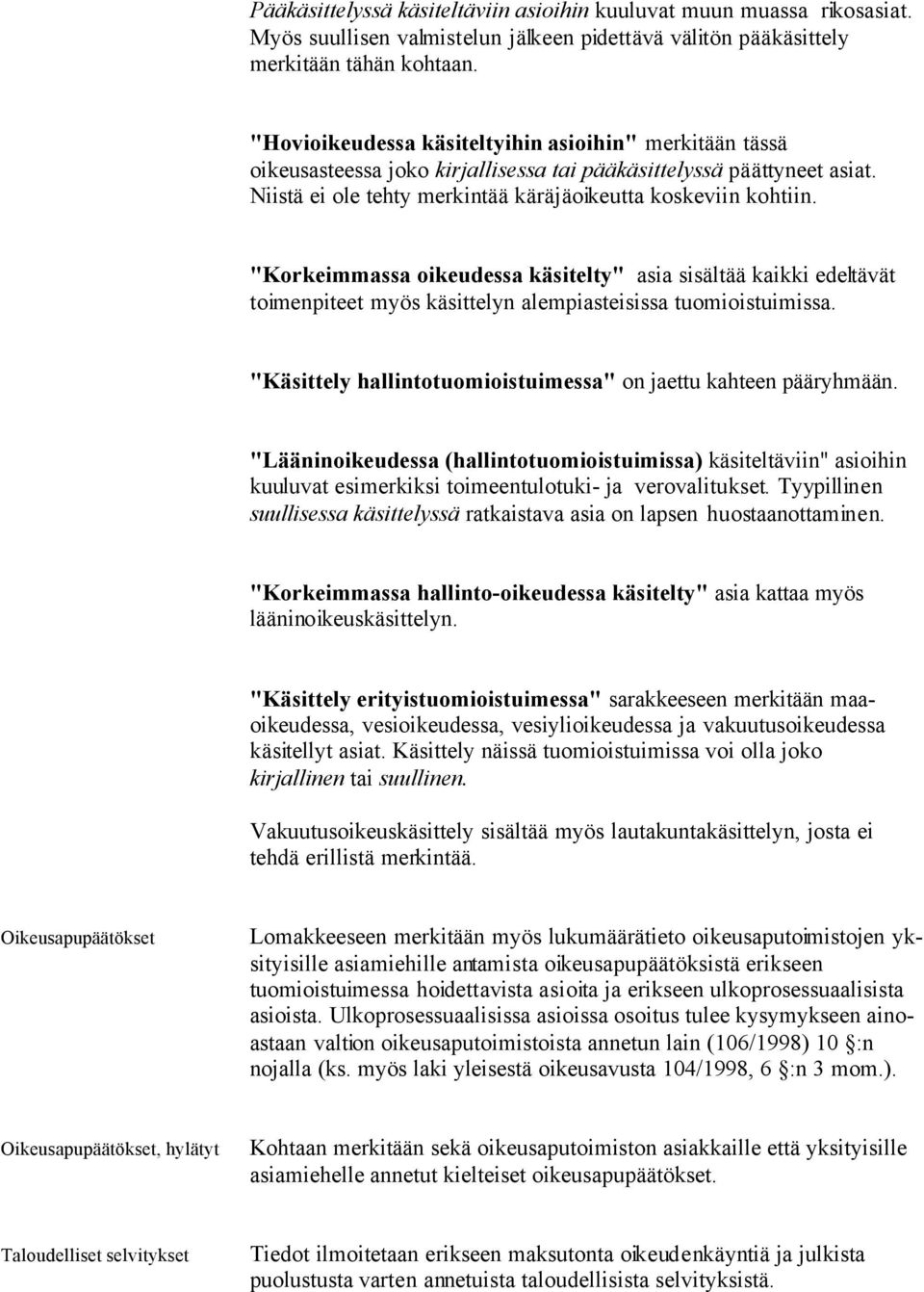 "Korkeimmassa oikeudessa käsitelty" asia sisältää kaikki edeltävät toimenpiteet myös käsittelyn alempiasteisissa tuomioistuimissa. "Käsittely hallintotuomioistuimessa" on jaettu kahteen pääryhmään.