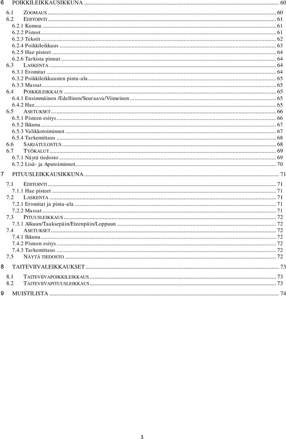 .. 66 6.5.1 Pisteen esitys... 66 6.5.2 Ikkuna... 67 6.5.3 Valikkotoiminnot... 67 6.5.4 Tarkemittaus... 68 6.6 SARJATULOSTUS... 68 6.7 TYÖKALUT... 69 6.7.1 Näytä tiedosto... 69 6.7.2 Lisä- ja Aputoiminnot.