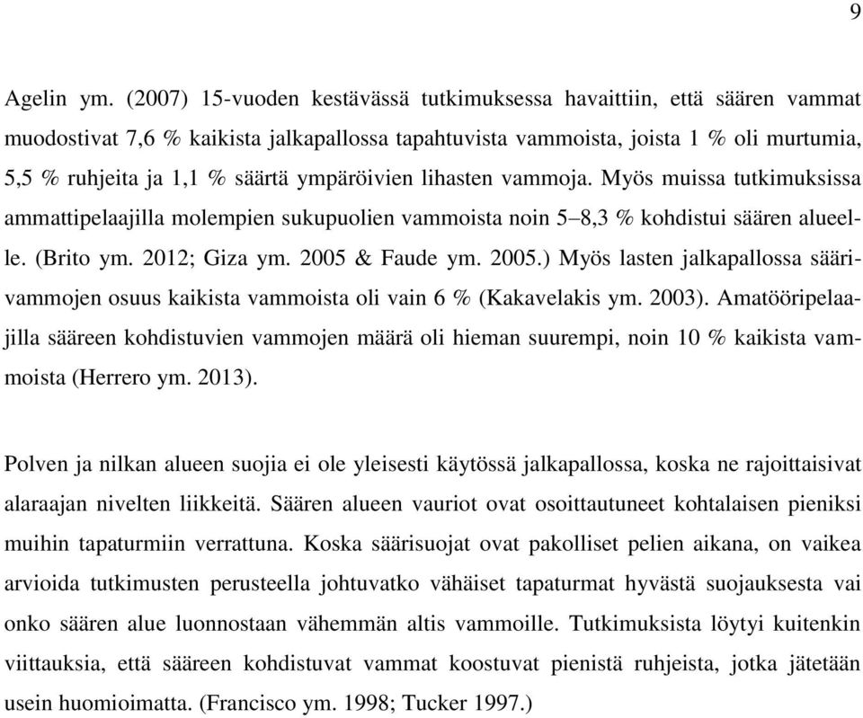 ympäröivien lihasten vammoja. Myös muissa tutkimuksissa ammattipelaajilla molempien sukupuolien vammoista noin 5 8,3 % kohdistui säären alueelle. (Brito ym. 2012; Giza ym. 2005 