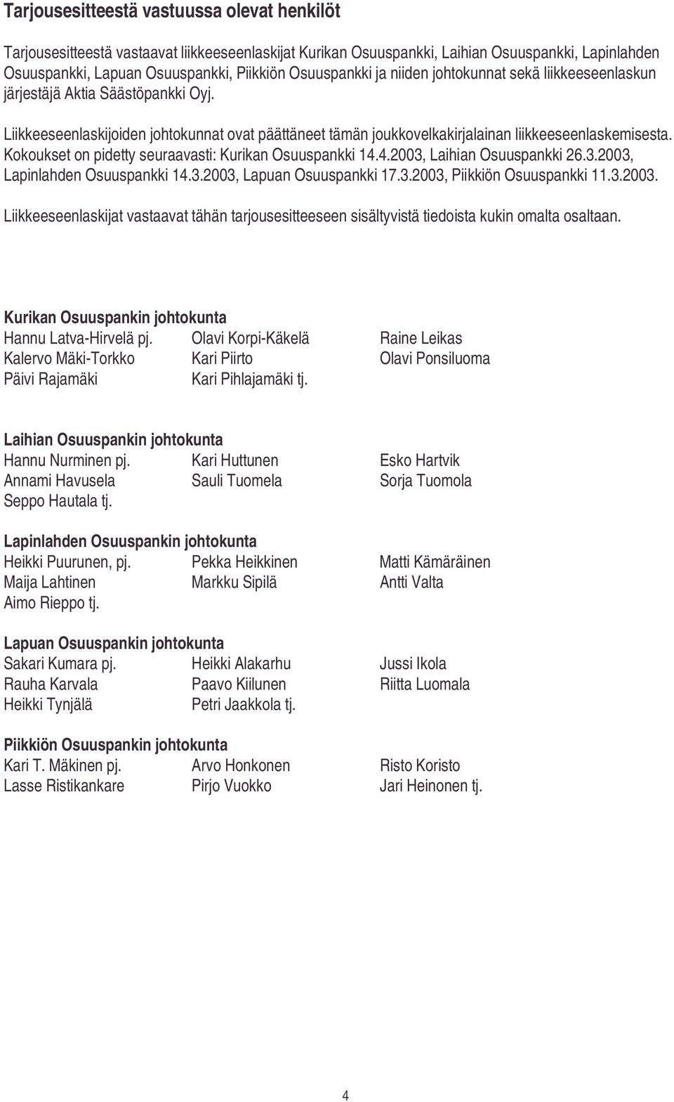 Kokoukset on pidetty seuraavasti: Kurikan Osuuspankki 14.4.2003, Laihian Osuuspankki 26.3.2003, Lapinlahden Osuuspankki 14.3.2003, Lapuan Osuuspankki 17.3.2003, Piikkiön Osuuspankki 11.3.2003. Liikkeeseenlaskijat vastaavat tähän tarjousesitteeseen sisältyvistä tiedoista kukin omalta osaltaan.