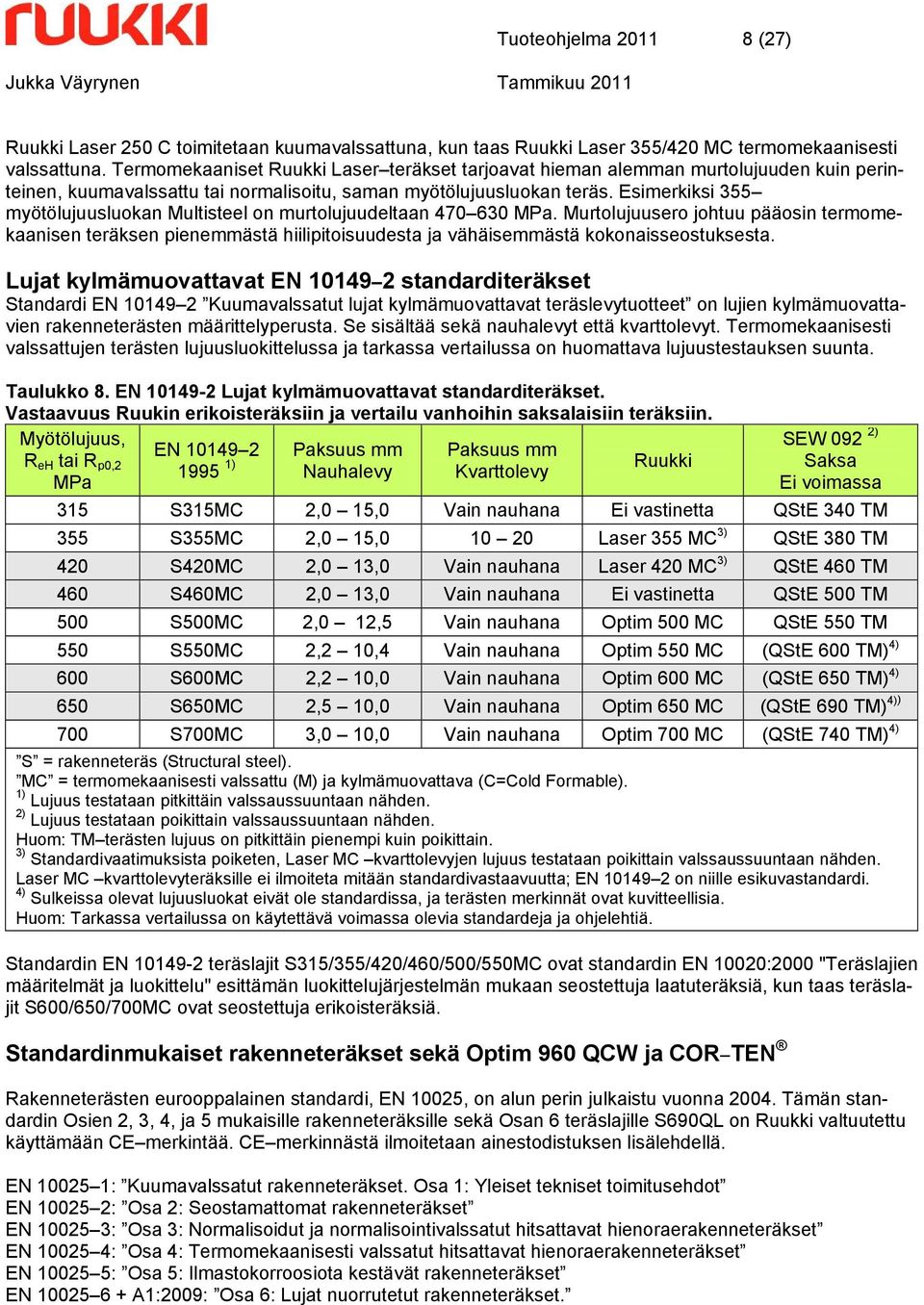 Esimerkiksi 355 myötölujuusluokan Multisteel on murtolujuudeltaan 470 630 MPa.