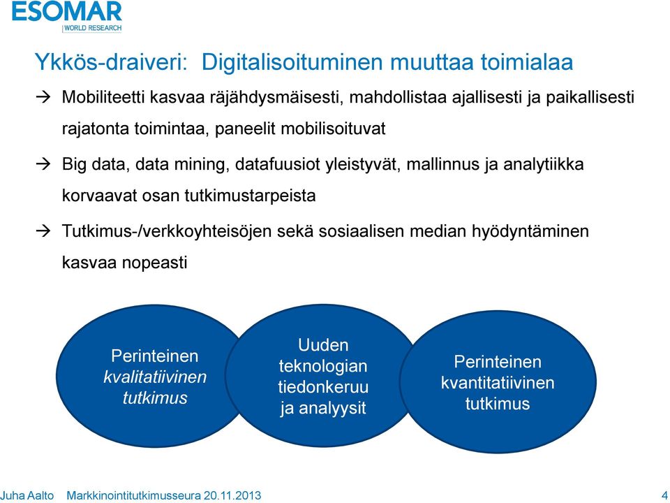 analytiikka korvaavat osan tutkimustarpeista Tutkimus-/verkkoyhteisöjen sekä sosiaalisen median hyödyntäminen kasvaa