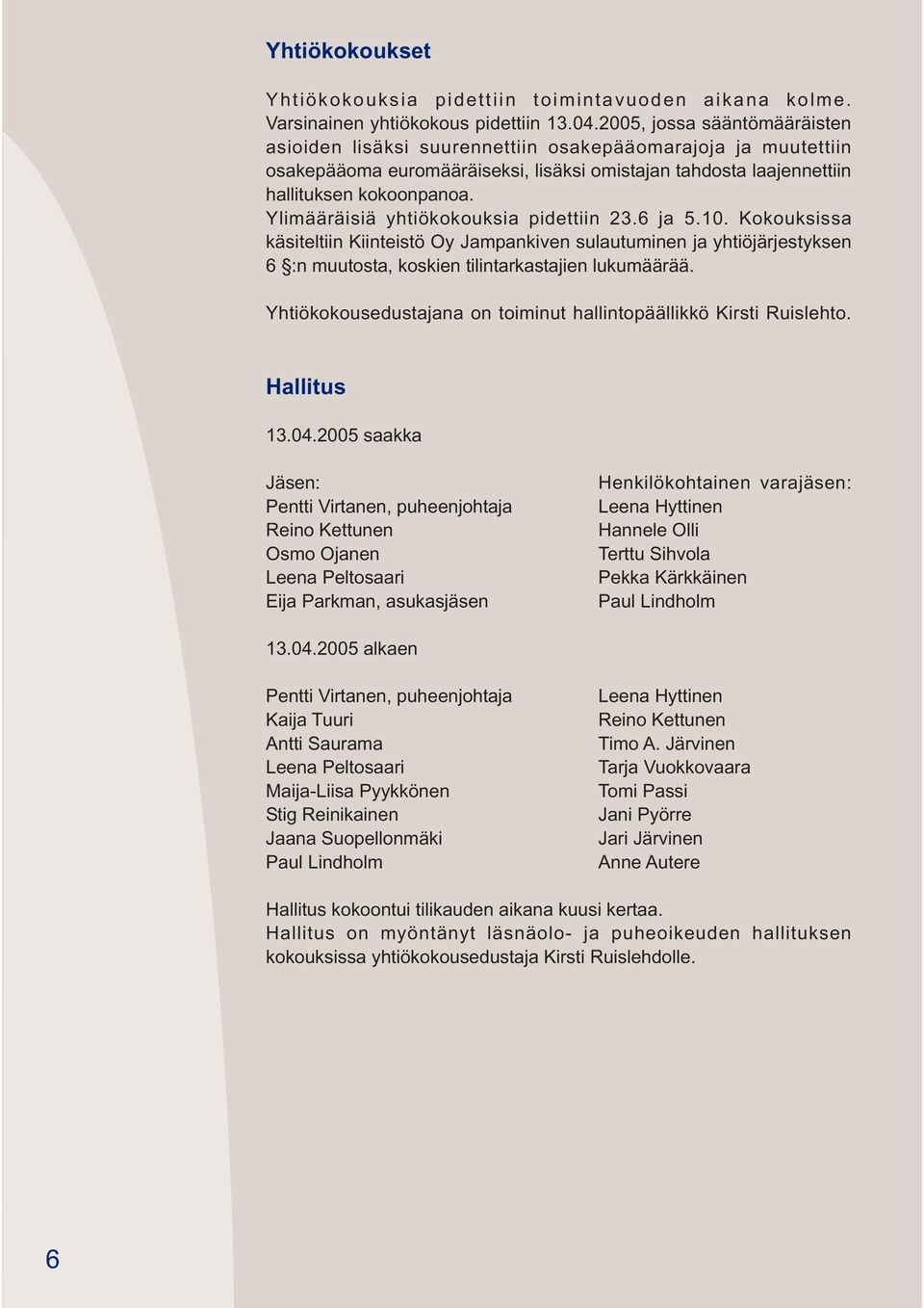 Ylimääräisiä yhtiökokouksia pidettiin 23.6 ja 5.0. Kokouksissa käsiteltiin Kiinteistö Oy Jampankiven sulautuminen ja yhtiöjärjestyksen 6 :n muutosta, koskien tilintarkastajien lukumäärää.