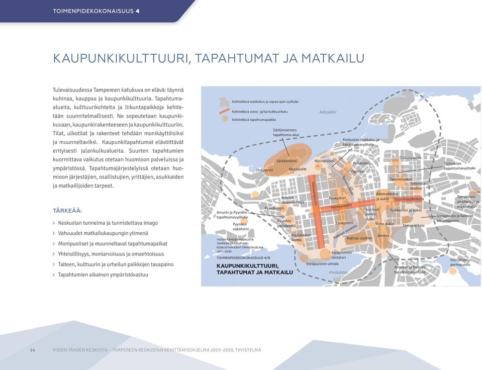 Tilat, ulkotilat ja rakenteet tehdään monikäyttöisiksi ja muunneltaviksi. Kaupunkitapahtumat elävöittävät erityisesti jalankulkualueita.