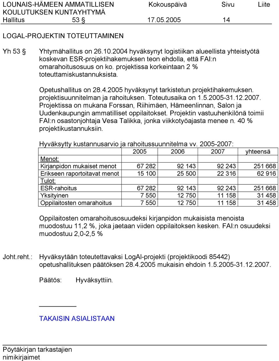 Opetushallitus on 28.4.2005 hyväksynyt tarkistetun projektihakemuksen. projektisuunnitelman ja rahoituksen. Toteutusaika on 1.5.2005-31.12.2007.