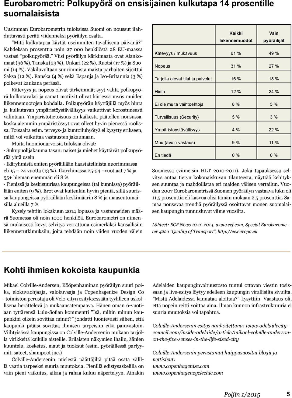 Viisi pyöräilyn kärkimaata ovat Alankomaat (36 %), Tanska (23 %), Unkari (22 %), Ruotsi (17 %) ja Suomi (14 %). Väkiluvultaan suurimmista maista parhaiten sijoittui Saksa (12 %).