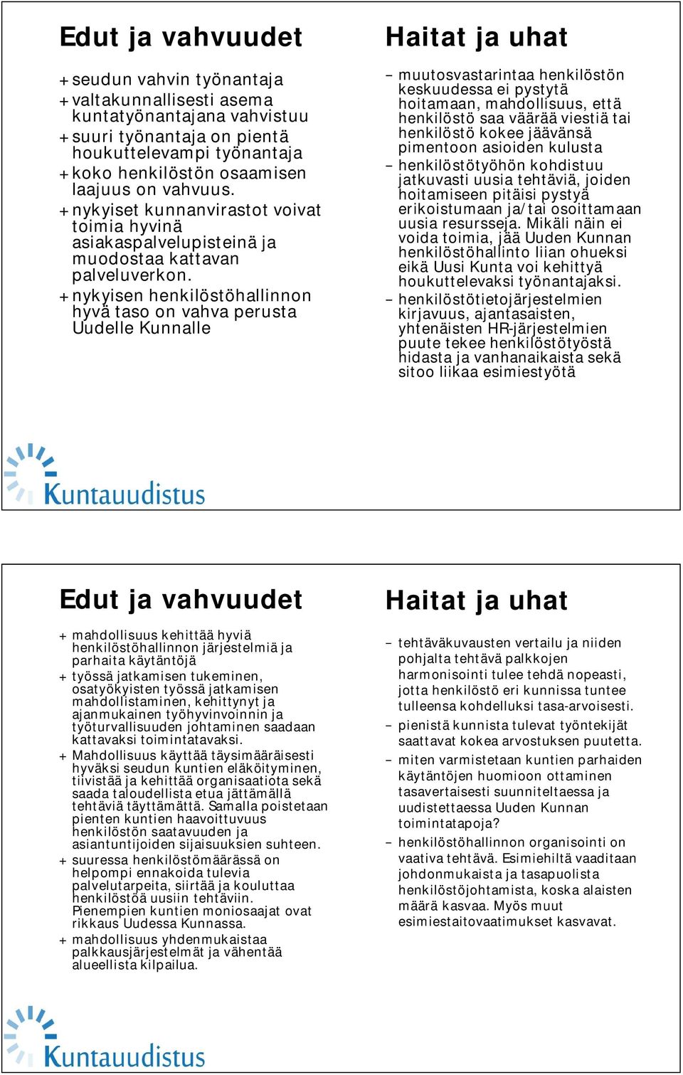+nykyisen henkilöstöhallinnon hyvä taso on vahva perusta Uudelle Kunnalle Haitat ja uhat muutosvastarintaa henkilöstön keskuudessa ei pystytä hoitamaan, mahdollisuus, että henkilöstö saa väärää