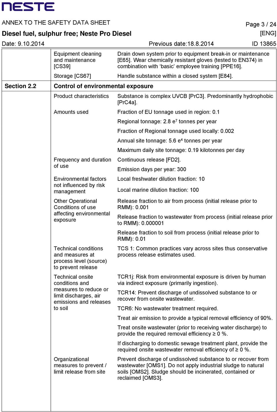 2 Control of environmental exposure Product characteristics Substance is complex UVCB [PrC3]. Predominantly hydrophobic [PrC4a]. Amounts used Fraction of EU tonnage used in region: 0.