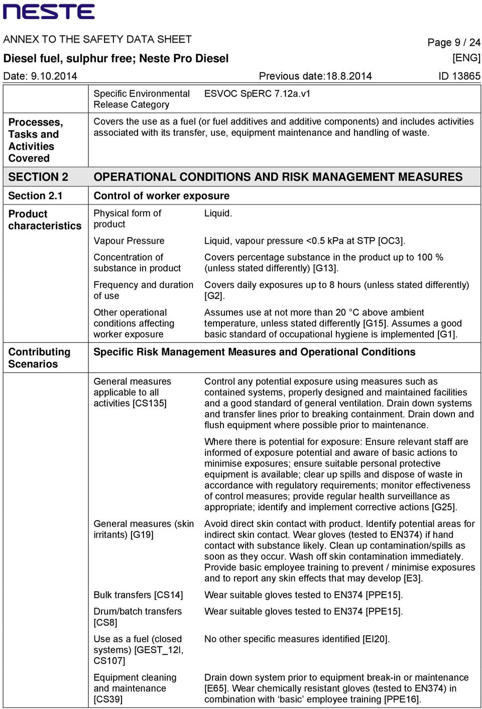 OPERATIONAL CONDITIONS AND RISK MANAGEMENT MEASURES Control of worker exposure Product characteristics Physical form of product Vapour Pressure Concentration of substance in product Frequency and