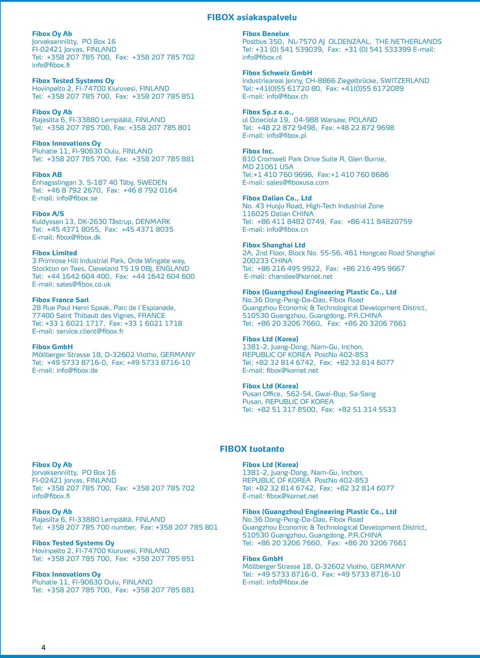 207 785 801 Fibox Innovations Oy Piuhatie 11, FI-90630 Oulu, FINLAND Tel: +358 207 785 700, Fax: +358 207 785 881 Fibox AB Enhagsslingan 3, S-187 40 Täby, SWEDEN Tel: +46 8 792 2670, Fax: +46 8 792