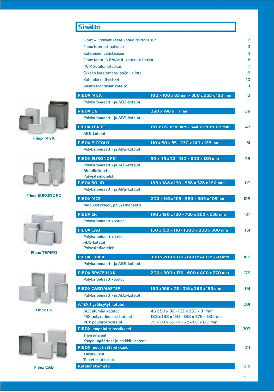 ABS-kotelot FIBOX TEMPO 187 x 122 x 90 mm - 344 x 289 x 117 mm 43 Fibox MNX ABS-kotelot FIBOX PICCOLO 110 x 80 x 65-230 x 140 x 125 mm 51 Polykarbonaatti- ja ABS-kotelot FIBOX EURONORD 50 x 45 x