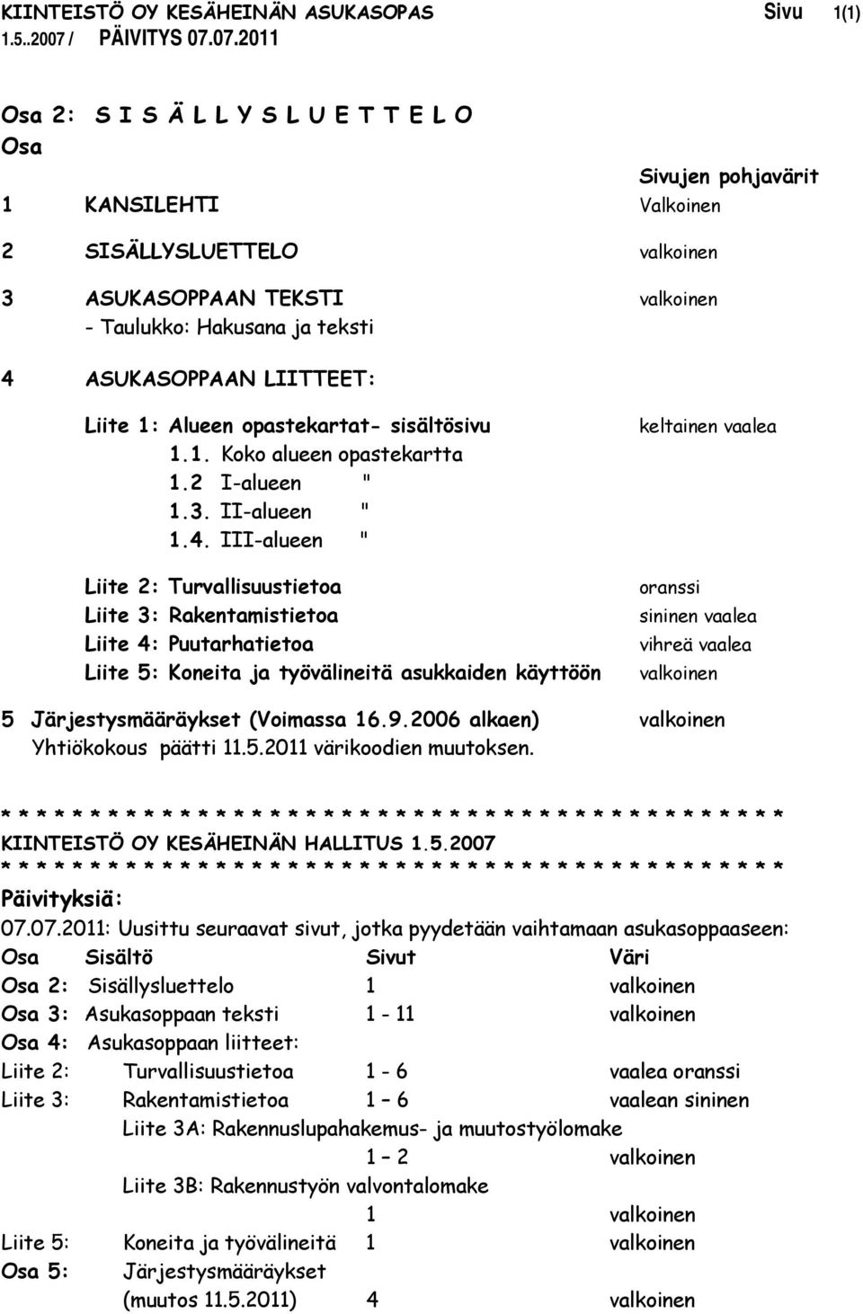 07.2011 Osa 2: S I S Ä L L Y S L U E T T E L O Osa Sivujen pohjavärit 1 KANSILEHTI Valkoinen 2 SISÄLLYSLUETTELO valkoinen 3 ASUKASOPPAAN TEKSTI valkoinen - Taulukko: Hakusana ja teksti 4 ASUKASOPPAAN