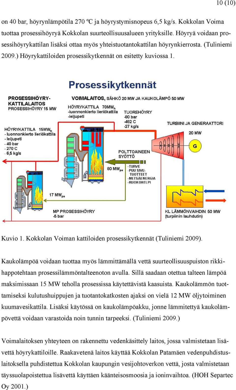 Kokkolan Voiman kattiloiden prosessikytkennät (Tuliniemi 2009). Kaukolämpöä voidaan tuottaa myös lämmittämällä vettä suurteollisuuspuiston rikkihappotehtaan prosessilämmöntalteenoton avulla.