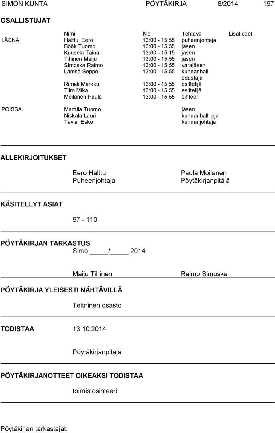 edustaja Rimali Markku 13:00-15:55 esittelijä Tiiro Mika 13:00-15:55 esittelijä Moilanen Paula 13:00-15:55 sihteeri POISSA Marttila Tuomo jäsen Niskala Lauri kunnanhall.