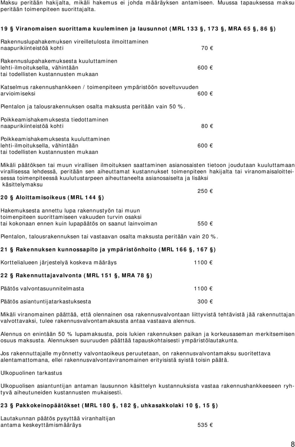 lehti-ilmoituksella, vähintään 600 tai todellisten kustannusten mukaan Katselmus rakennushankkeen / toimenpiteen ympäristöön soveltuvuuden arvioimiseksi 600 Pientalon ja talousrakennuksen osalta