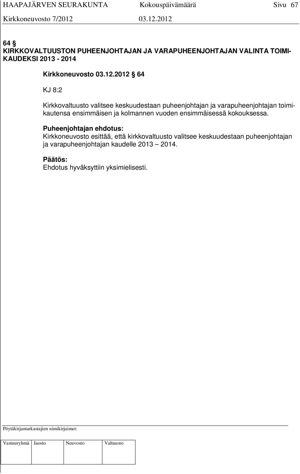 2012 64 KJ 8:2 Kirkkovaltuusto valitsee keskuudestaan puheenjohtajan ja varapuheenjohtajan toimikautensa