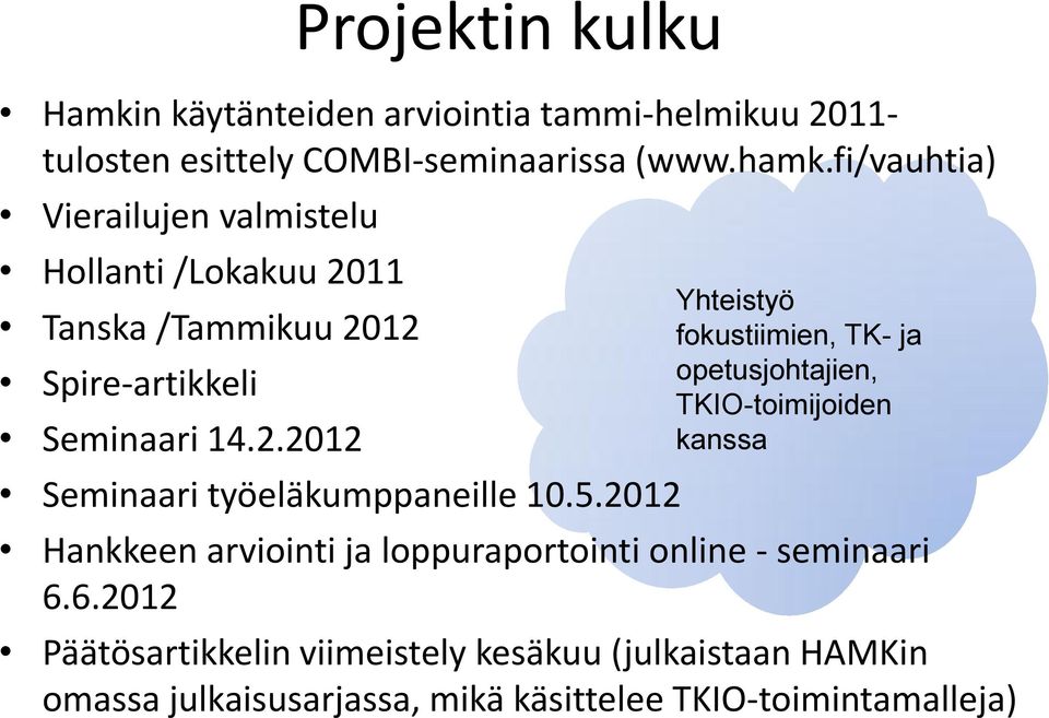 5.2012 Yhteistyö fokustiimien, TK- ja opetusjohtajien, TKIO-toimijoiden kanssa Hankkeen arviointi ja loppuraportointi online -