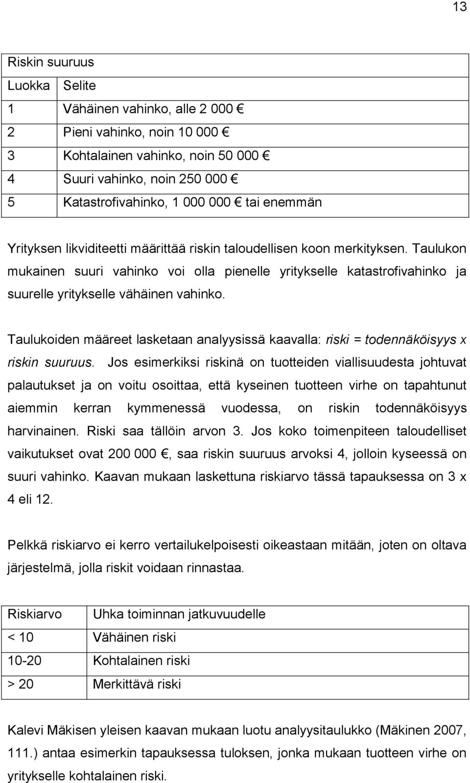 Taulukoiden määreet lasketaan analyysissä kaavalla: riski = todennäköisyys x riskin suuruus.