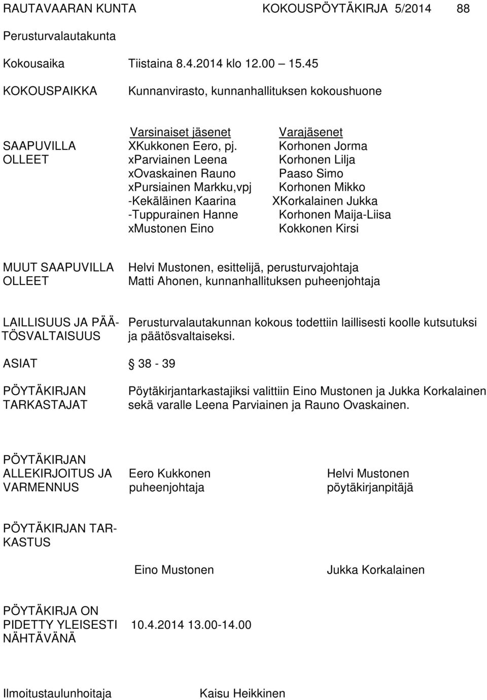 Korhonen Jorma OLLEET xparviainen Leena Korhonen Lilja xovaskainen Rauno Paaso Simo xpursiainen Markku,vpj Korhonen Mikko -Kekäläinen Kaarina XKorkalainen Jukka -Tuppurainen Hanne Korhonen