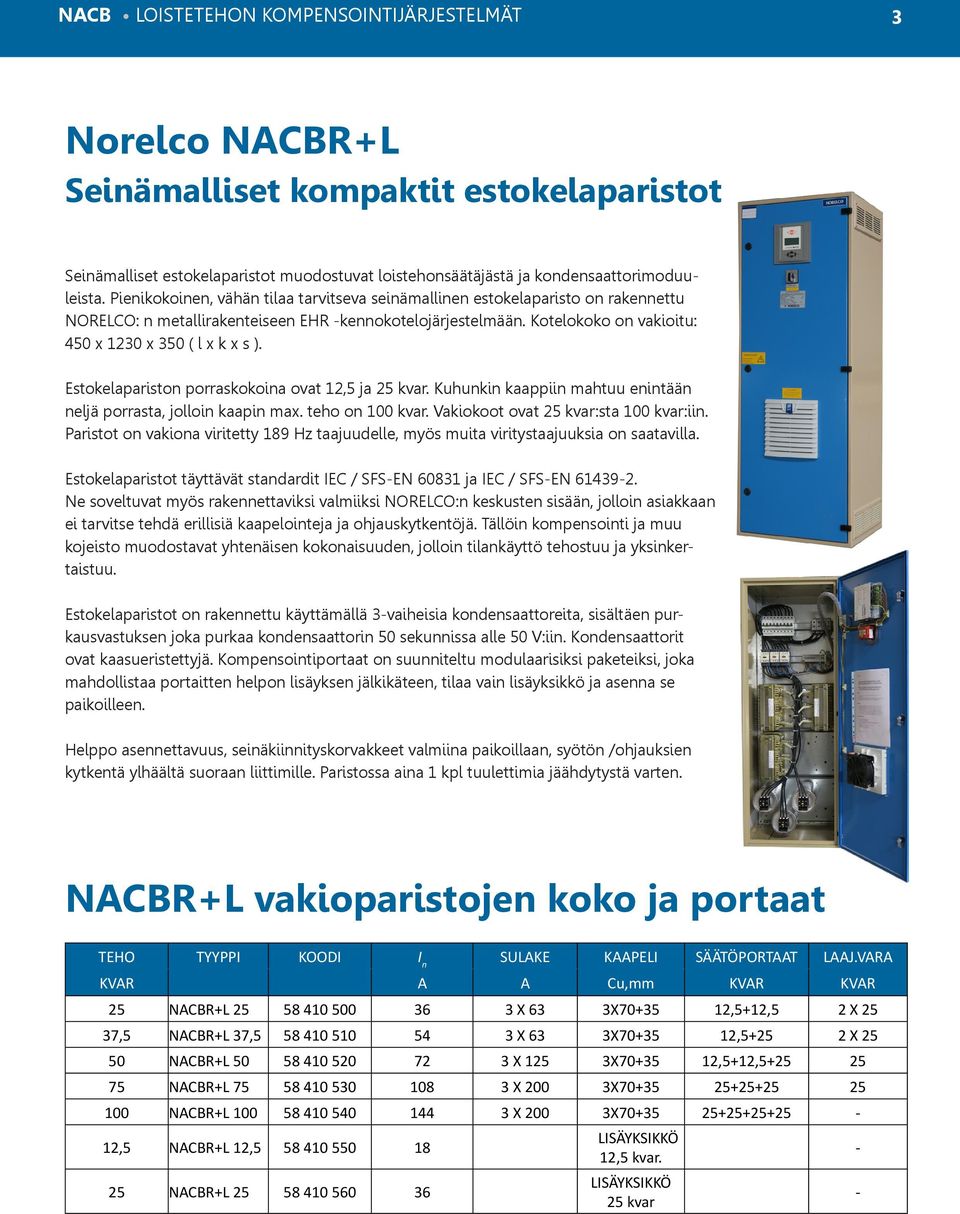 Estokelapariston porraskokoina ovat 12,5 ja 25 kvar. Kuhunkin kaappiin mahtuu enintään neljä porrasta, jolloin kaapin max. teho on 100 kvar. Vakiokoot ovat 25 kvar:sta 100 kvar:iin.