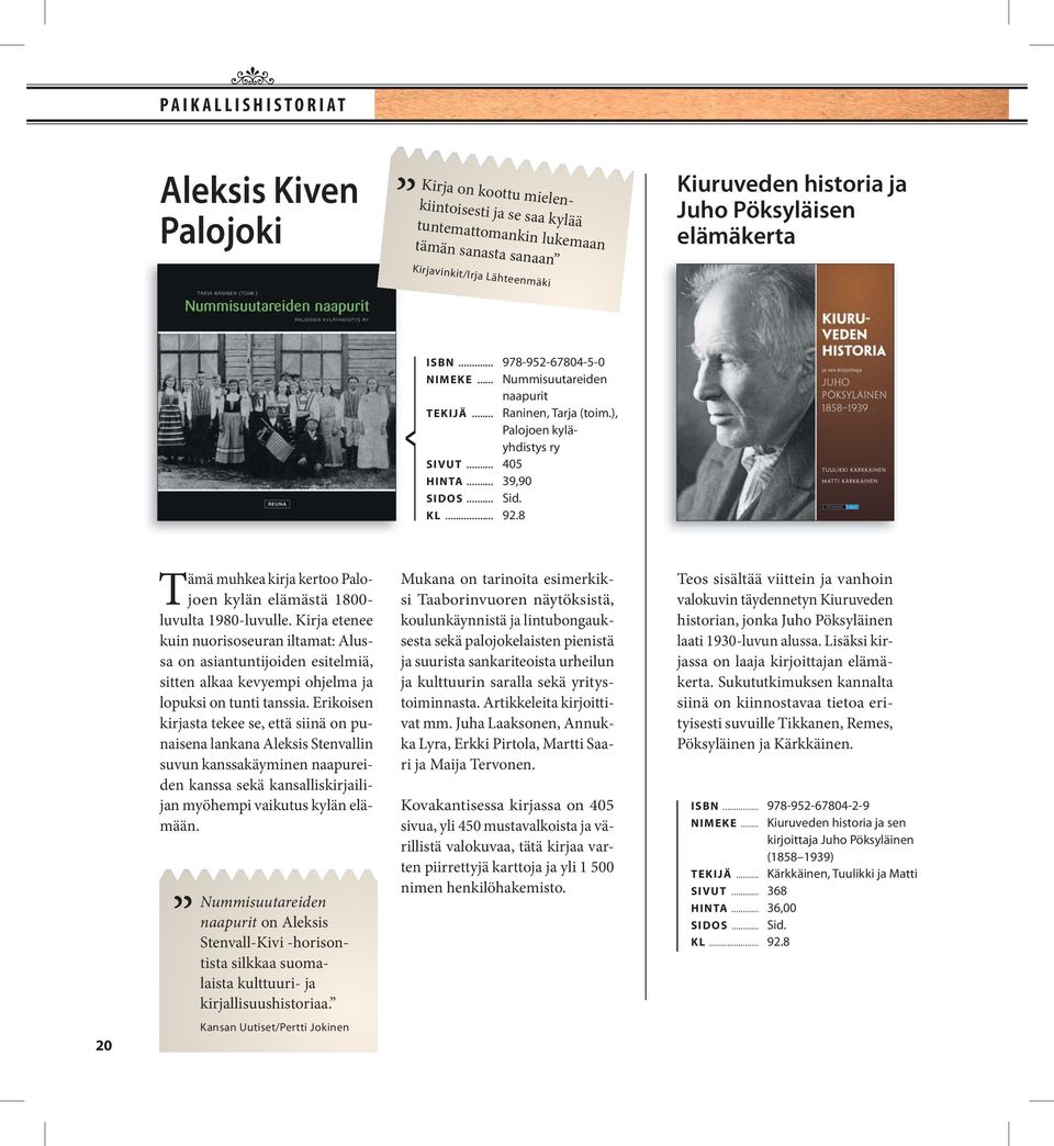 8 20 Tämä muhkea kirja kertoo Palojoen kylän elämästä 1800- luvulta 1980-luvue.