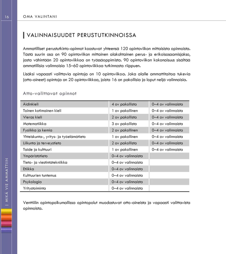 90 opintoviikon kokonaisuus sisältää ammatillisia valinnaisia 15 60 opintoviikkoa tutkinnosta riippuen. Lisäksi vapaasti valittavia opintoja on 10 opintoviikoa.