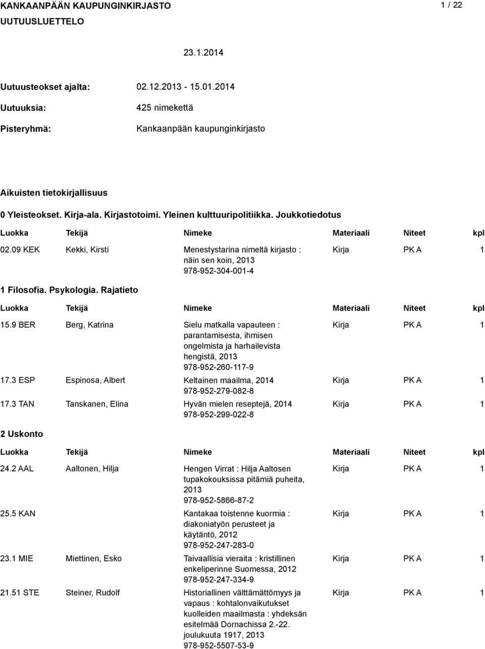 9 BER Berg, Katrina Sielu matkalla vapauteen : parantamisesta, ihmisen ongelmista ja harhailevista hengistä, 203 978-952-260-7-9 7.3 ESP Espinosa, Albert Keltainen maailma, 204 978-952-279-082-8 7.