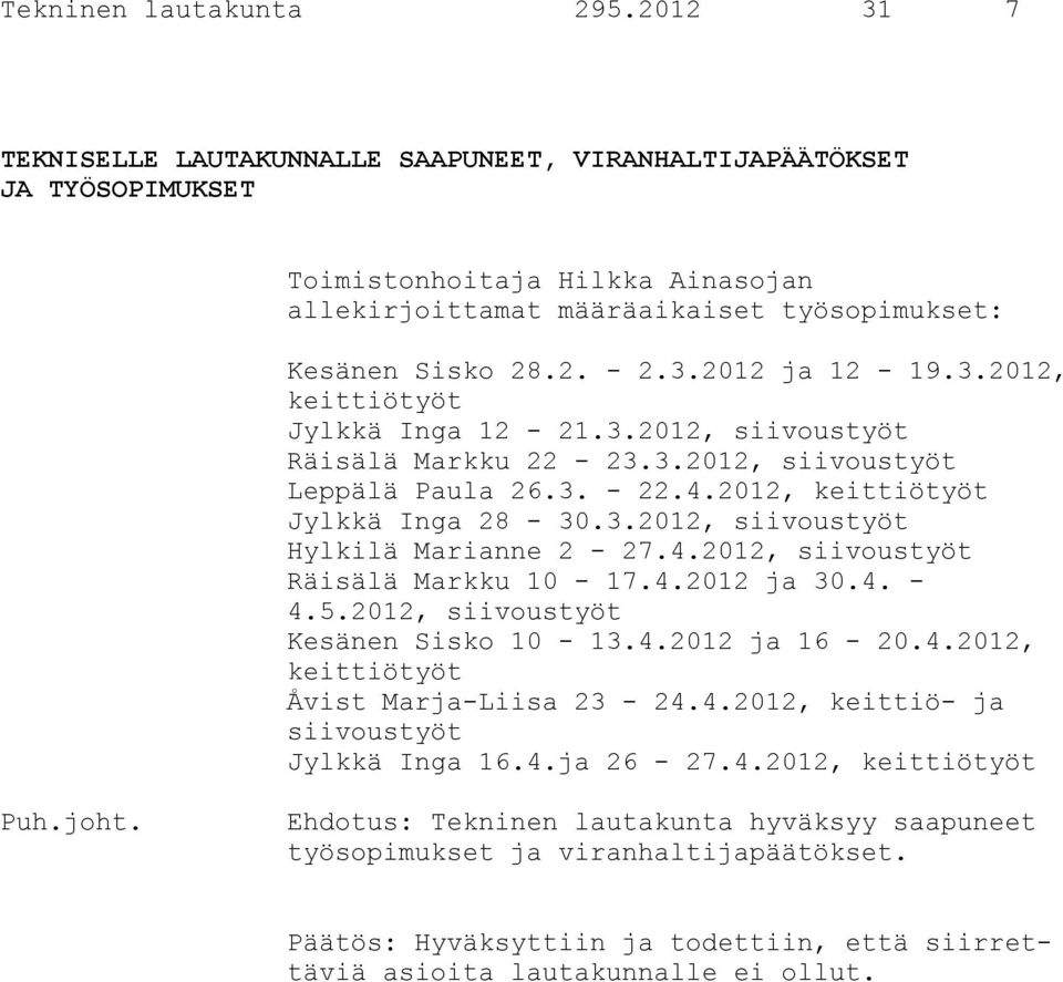 3.2012, keittiötyöt Jylkkä Inga 12-21.3.2012, siivoustyöt Räisälä Markku 22-23.3.2012, siivoustyöt Leppälä Paula 26.3. - 22.4.2012, keittiötyöt Jylkkä Inga 28-30.3.2012, siivoustyöt Hylkilä Marianne 2-27.