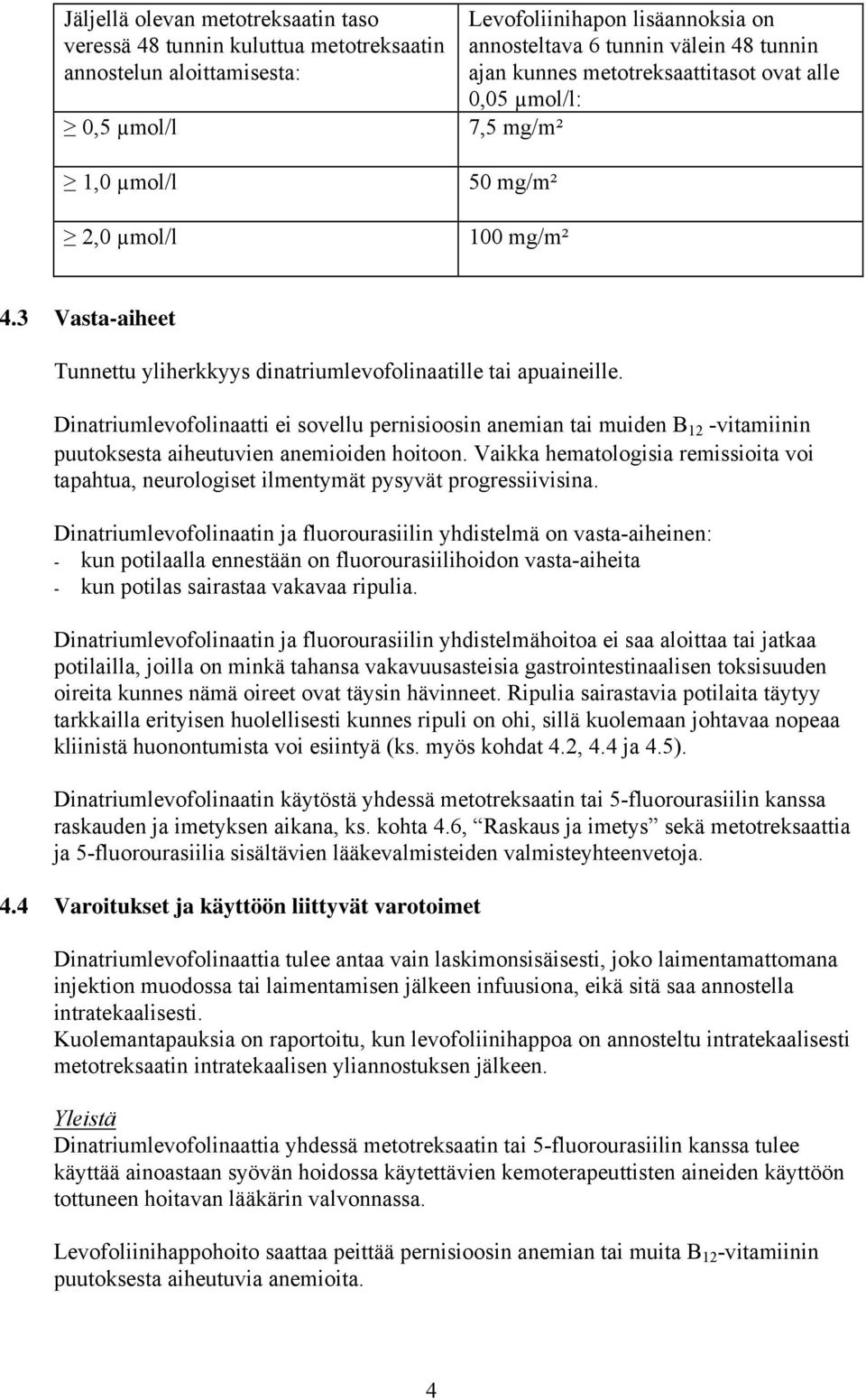 Dinatriumlevofolinaatti ei sovellu pernisioosin anemian tai muiden B 12 -vitamiinin puutoksesta aiheutuvien anemioiden hoitoon.