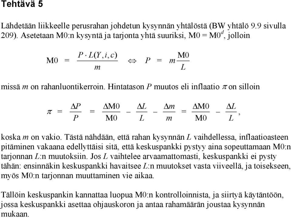 ästä nähdään, että rahan kysynnän vaihdellessa, inflaatioasteen pitäminen vakaana edellyttäisi sitä, että keskuspankki pystyy aina sopeuttamaan M0:n tarjonnan :n muutoksiin.