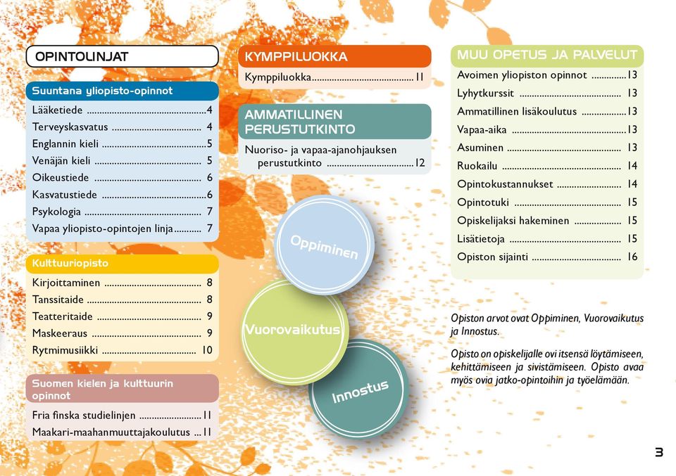 ..11 Maakari-maahanmuuttajakoulutus...11 KYMPPILUOKKA Kymppiluokka...11 AMMATILLINEN PERUSTUTKINTO Nuoriso- ja vapaa-ajanohjauksen perustutkinto.
