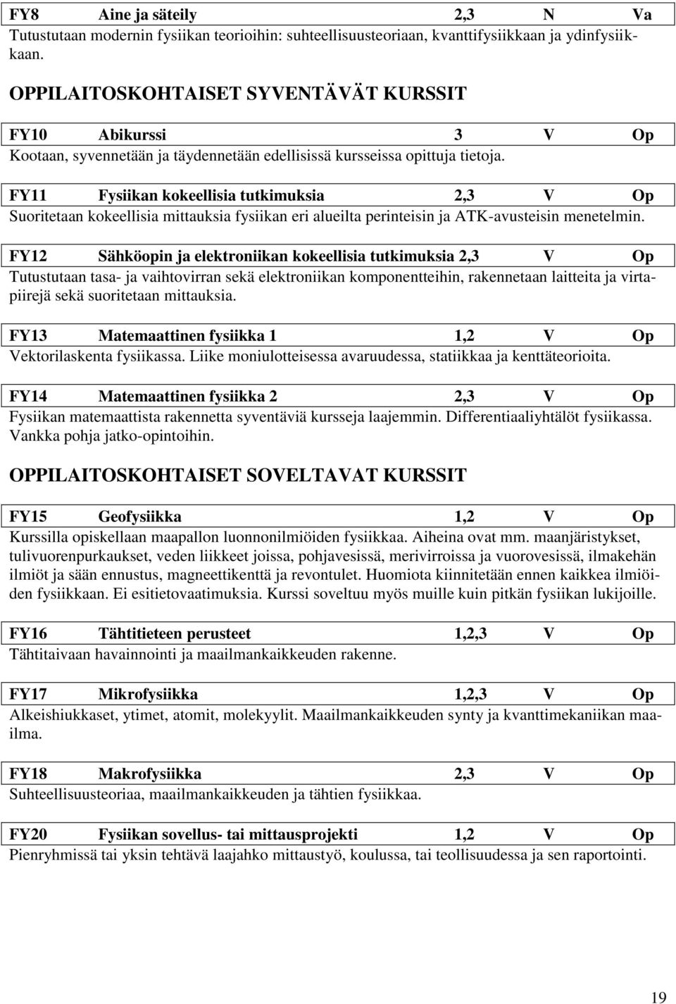 FY11 Fysiikan kokeellisia tutkimuksia 2,3 V Op Suoritetaan kokeellisia mittauksia fysiikan eri alueilta perinteisin ja ATK-avusteisin menetelmin.