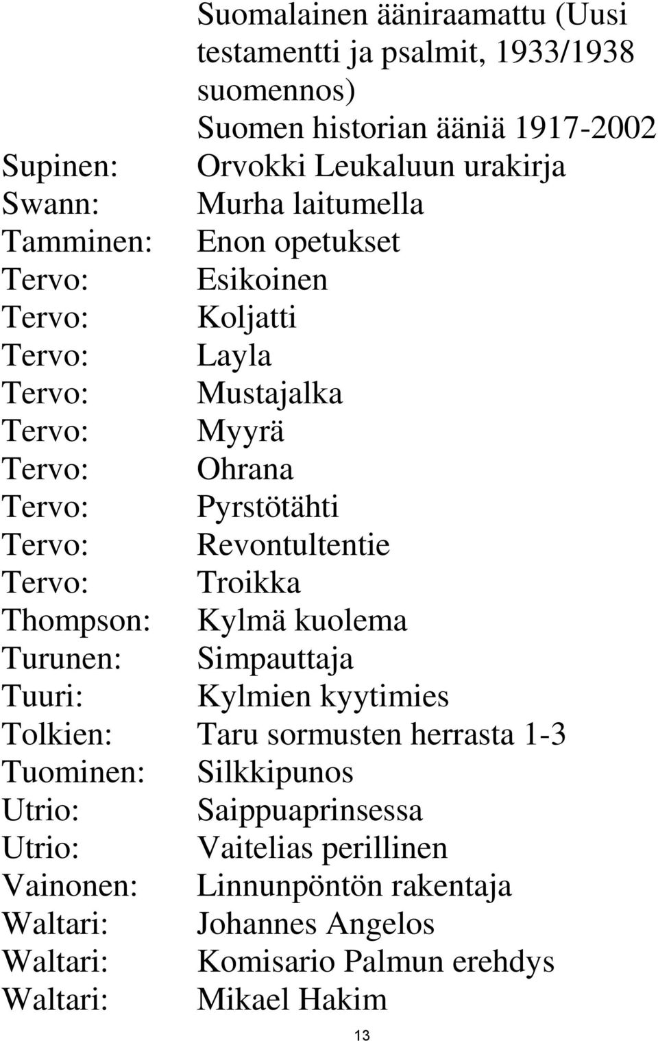 Revontultentie Tervo: Troikka Thompson: Kylmä kuolema Turunen: Simpauttaja Tuuri: Kylmien kyytimies Tolkien: Taru sormusten herrasta 1-3 Tuominen: Silkkipunos