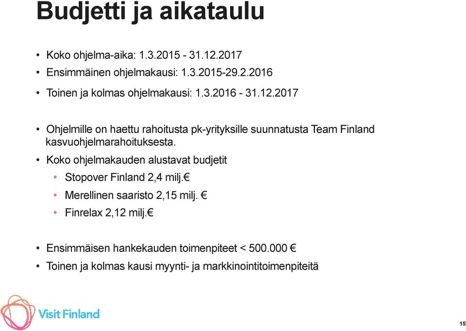Koko ohjelmakauden alustavat budjetit Stopover Finland 2,4 milj. Merellinen saaristo 2,15 milj. Finrelax 2,12 milj.