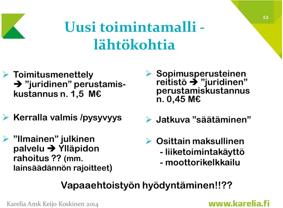 lainsäädännön rajoitteet) Sopimusperusteinen reitistö juridinen perustamiskustannus n.