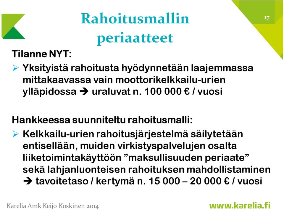 100 000 / vuosi Hankkeessa suunniteltu rahoitusmalli: Kelkkailu-urien rahoitusjärjestelmä säilytetään