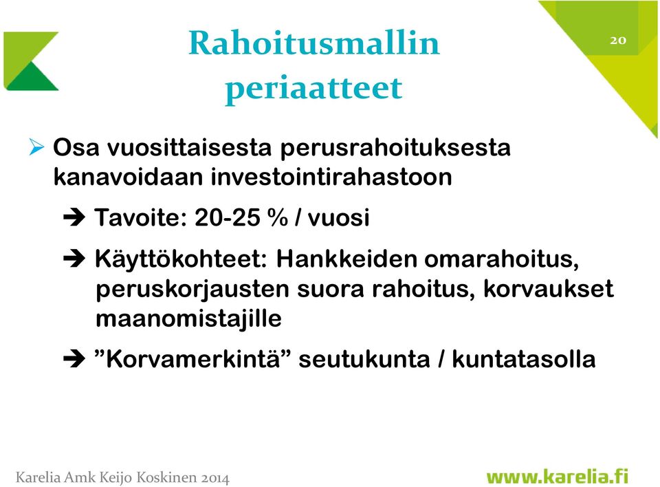 20-25 % / vuosi Käyttökohteet: Hankkeiden omarahoitus,