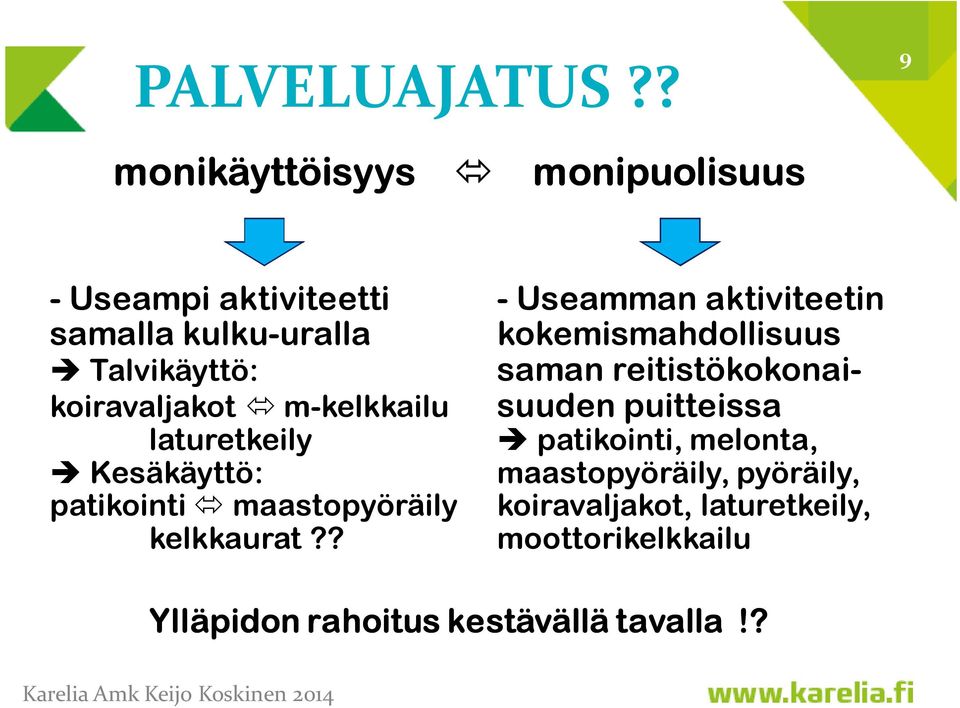 kokemismahdollisuus Talvikäyttö: saman reitistökokonaikoiravaljakot m-kelkkailu suuden puitteissa