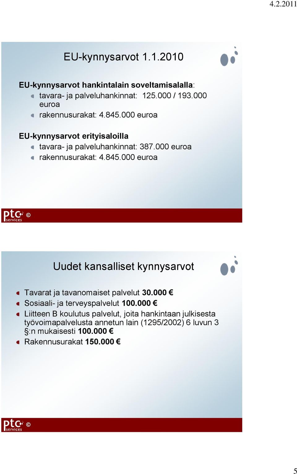 000 euroa rakennusurakat: 4.845.000 euroa Uudet kansalliset kynnysarvot Tavarat ja tavanomaiset palvelut 30.