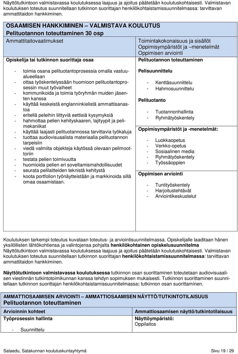 OSAAMISEN HANKKIMINEN VALMISTAVA KOULUTUS Pelituotannon toteuttaminen 30 osp Ammattitaitovaatimukset Toimintakokonaisuus ja sisällöt Oppimisympäristöt ja menetelmät Opiskelija tai tutkinnon