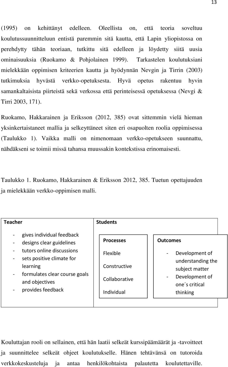 ominaisuuksia (Ruokamo & Pohjolainen 1999). Tarkastelen koulutuksiani mielekkään oppimisen kriteerien kautta ja hyödynnän Nevgin ja Tirrin (2003) tutkimuksia hyvästä verkko-opetuksesta.
