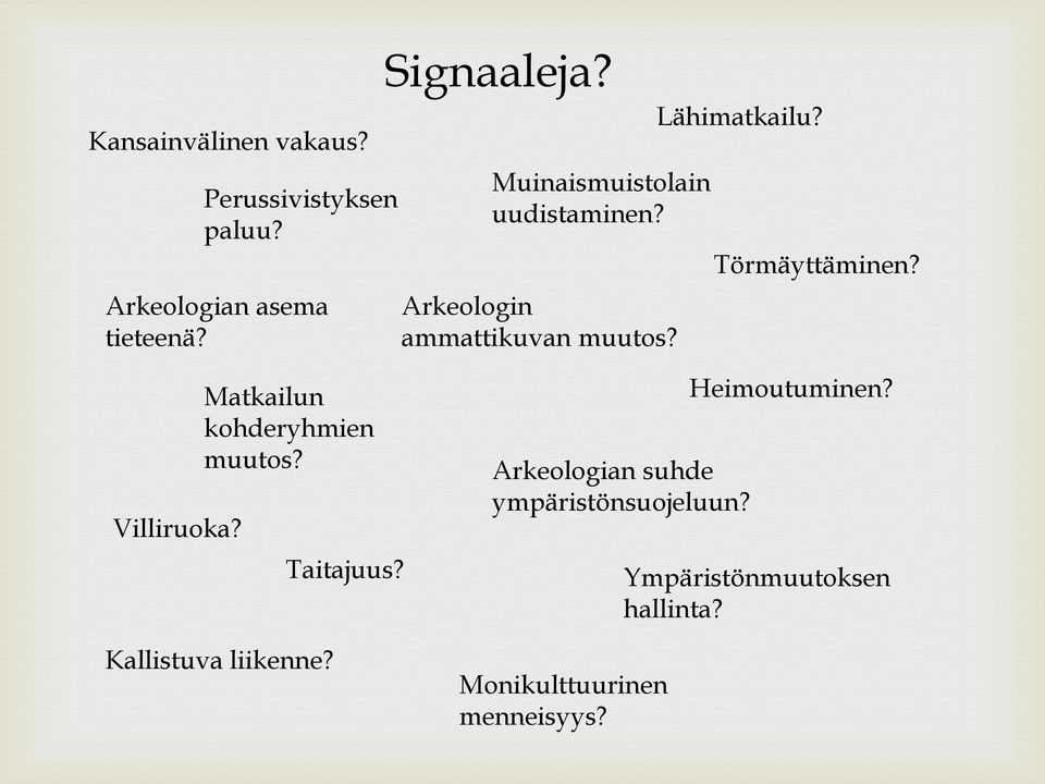 Törmäyttäminen? Villiruoka? Matkailun kohderyhmien muutos? Kallistuva liikenne? Taitajuus?