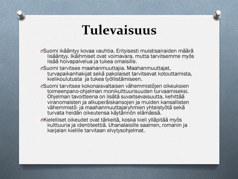 O Suomi tarvitsee kokonaisvaltaisen vähemmistöjen oikeuksien toimeenpano-ohjelman monikulttuurisuuden turvaamiseksi.