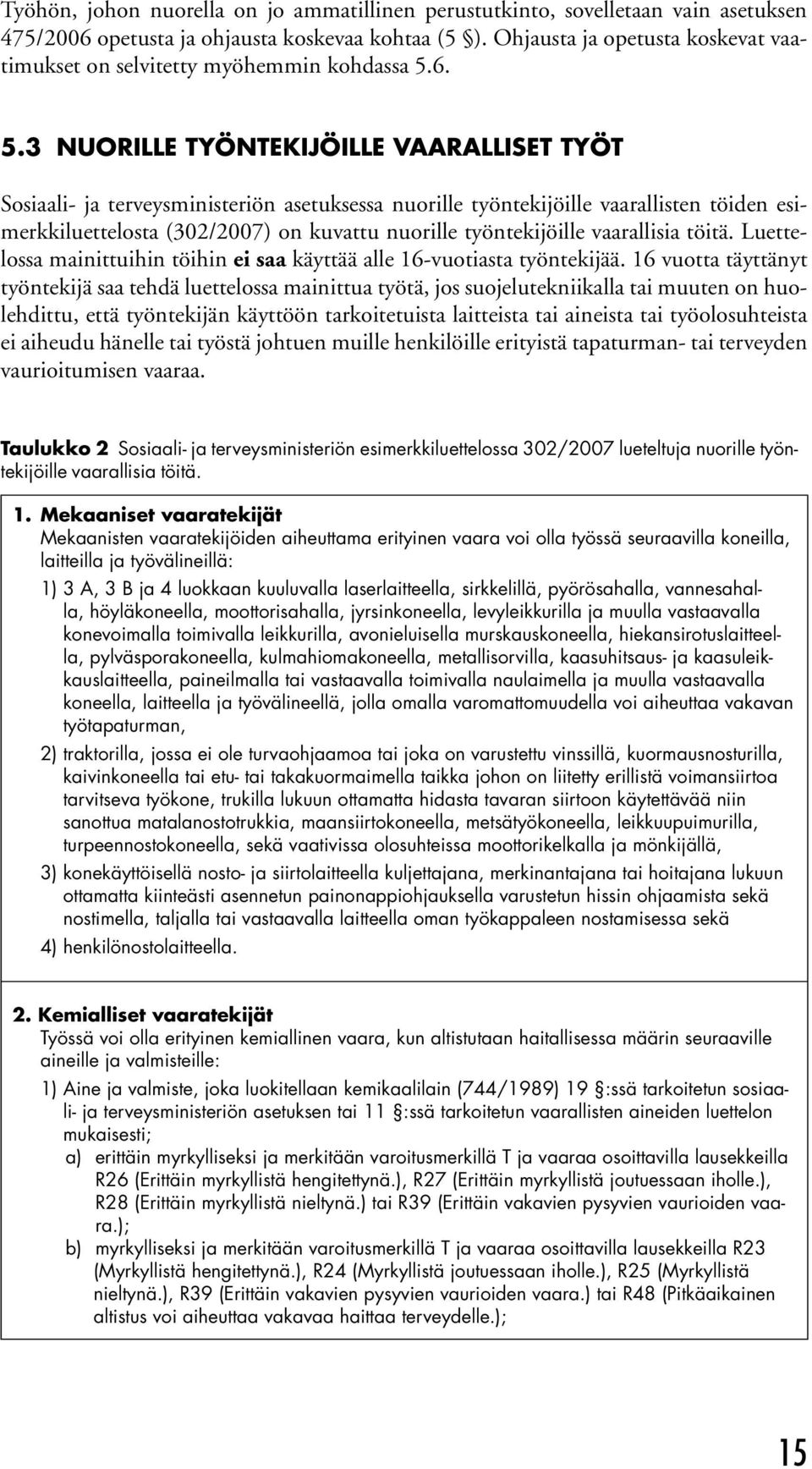 6. 5.3 Nuorille työntekijöille vaaralliset työt Sosiaali- ja terveysministeriön asetuksessa nuorille työntekijöille vaarallisten töiden esimerkkiluettelosta (302/2007) on kuvattu nuorille