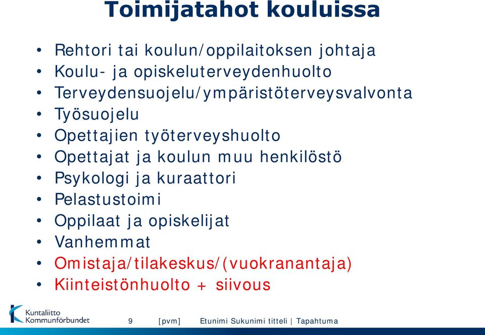 koulun muu henkilöstö Psykologi ja kuraattori Pelastustoimi Oppilaat ja opiskelijat Vanhemmat