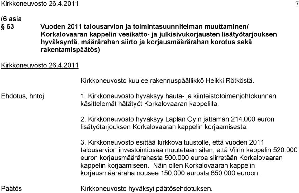 korjausmäärärahan korotus sekä rakentamispäätös) 2011 Kirkkoneuvosto kuulee rakennuspäällikkö Heikki Rötköstä. Ehdotus, hntoj 1.